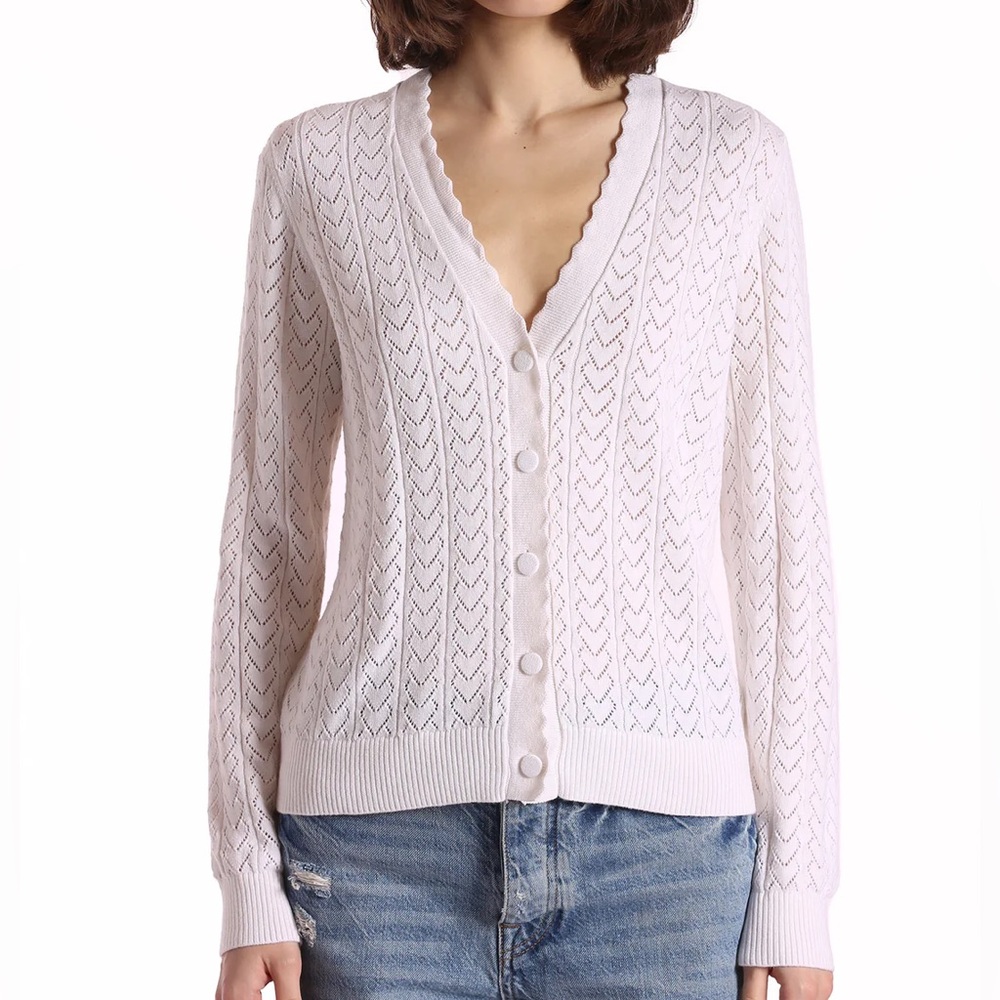 Cotton Cashmere Heart Pointelle Scalloped Cardigan (White)